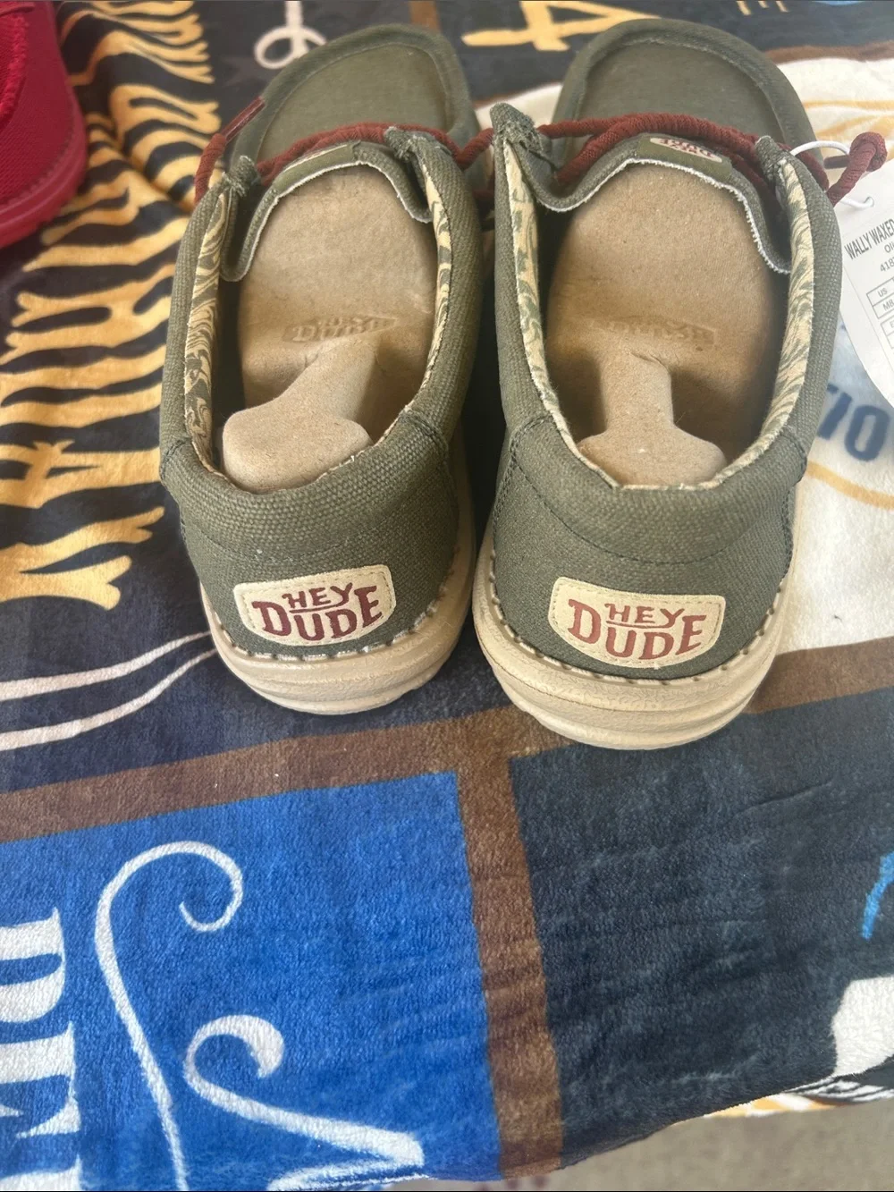 Hey Dude Olive Canvas Slip-Ons with Rust Laces